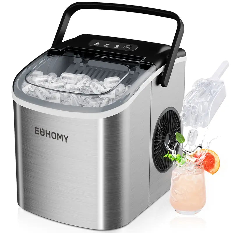 EUHOMY Countertop Ice Maker Machine with Handle, 26Lbs in 24Hrs, 9 Ice Cubes Ready in 6 Mins, Auto-Cleaning Portable Ice Maker with Basket and Scoop, for Home/Kitchen/Camping/Rv. (Silver) Utensils Sturdy