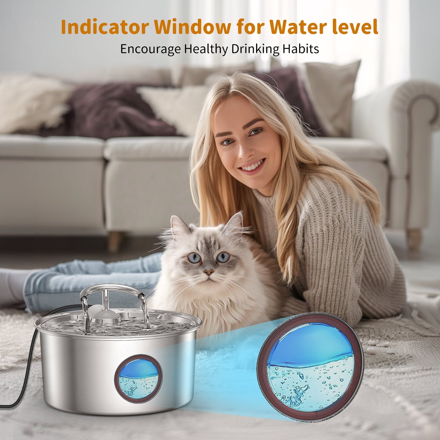 Cat Water Fountain,108Oz/3.2L Stainless Steel Cat Fountain,Pet Water Dispenser with Dual Faucet Design