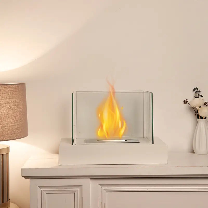 Rectangular Tabletop Fire Bowl Pot with Four-Sided Glass Decor Ornaments