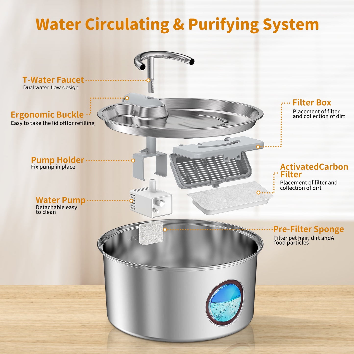 Cat Water Fountain,108Oz/3.2L Stainless Steel Cat Fountain,Pet Water Dispenser with Dual Faucet Design