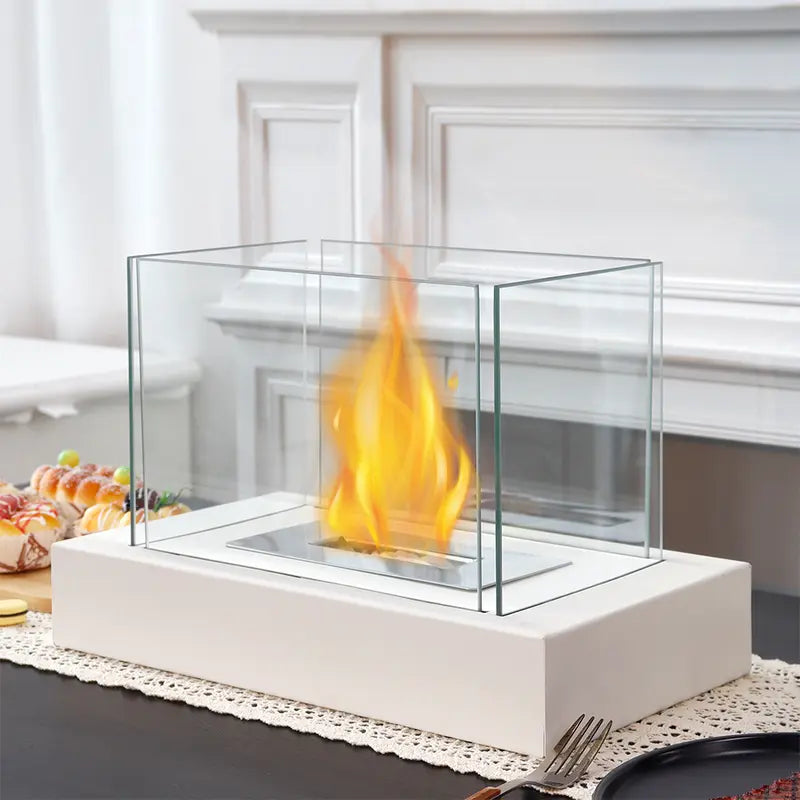 Rectangular Tabletop Fire Bowl Pot with Four-Sided Glass Decor Ornaments