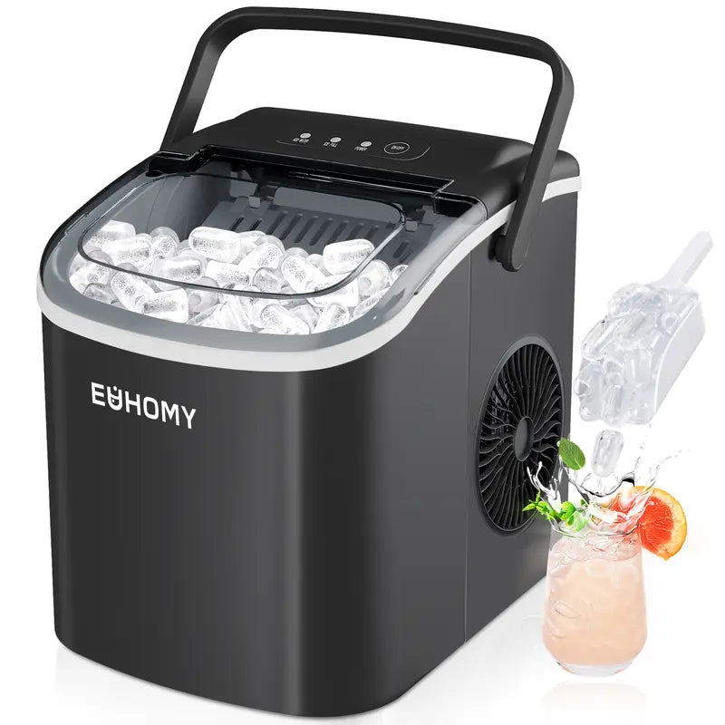 EUHOMY Countertop Ice Maker Machine with Handle, 26Lbs in 24Hrs, 9 Ice Cubes Ready in 6 Mins, Auto-Cleaning Portable Ice Maker with Basket and Scoop, for Home/Kitchen/Camping/Rv. (Silver) Utensils Sturdy