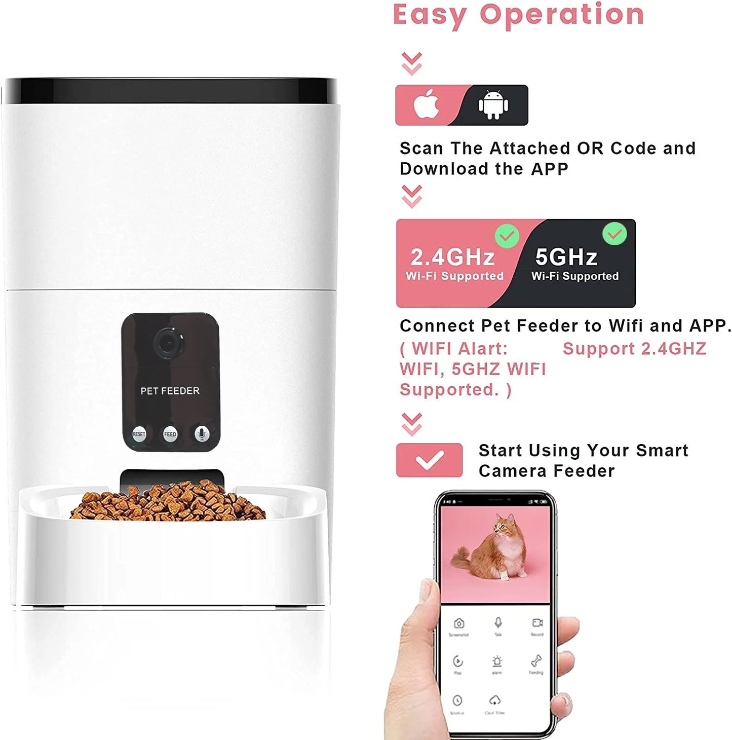 Automatic 6L Pet Feeder with 1080P Camera, App Control, Voice Recording, and Timed Feeding for Cats and Dogs - Dual Power Supply and WiFi Connectivity