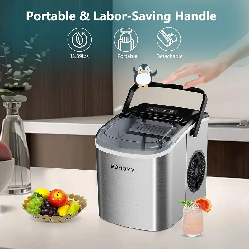 EUHOMY Countertop Ice Maker Machine with Handle, 26Lbs in 24Hrs, 9 Ice Cubes Ready in 6 Mins, Auto-Cleaning Portable Ice Maker with Basket and Scoop, for Home/Kitchen/Camping/Rv. (Silver) Utensils Sturdy