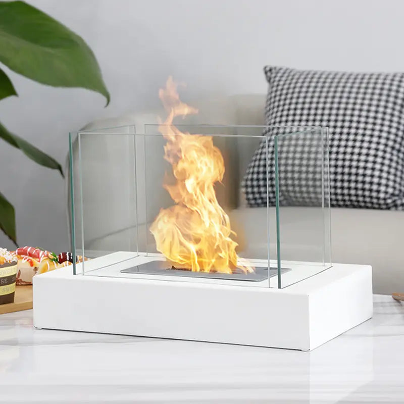 Rectangular Tabletop Fire Bowl Pot with Four-Sided Glass Decor Ornaments