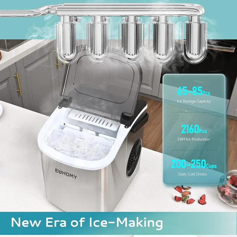 EUHOMY Countertop Ice Maker Machine with Handle, 26Lbs in 24Hrs, 9 Ice Cubes Ready in 6 Mins, Auto-Cleaning Portable Ice Maker with Basket and Scoop, for Home/Kitchen/Camping/Rv. (Silver) Utensils Sturdy