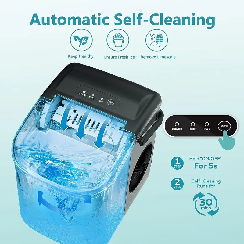 EUHOMY Countertop Ice Maker Machine with Handle, 26Lbs in 24Hrs, 9 Ice Cubes Ready in 6 Mins, Auto-Cleaning Portable Ice Maker with Basket and Scoop, for Home/Kitchen/Camping/Rv. (Silver) Utensils Sturdy