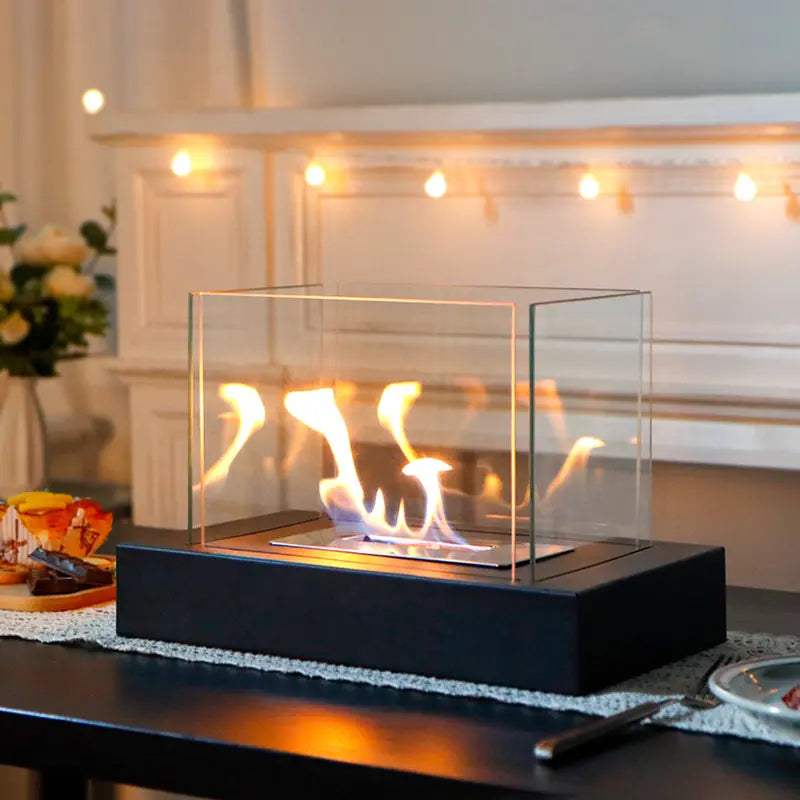 Rectangular Tabletop Fire Bowl Pot with Four-Sided Glass Decor Ornaments