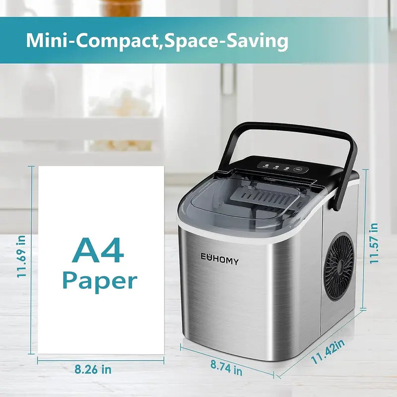 EUHOMY Countertop Ice Maker Machine with Handle, 26Lbs in 24Hrs, 9 Ice Cubes Ready in 6 Mins, Auto-Cleaning Portable Ice Maker with Basket and Scoop, for Home/Kitchen/Camping/Rv. (Silver) Utensils Sturdy