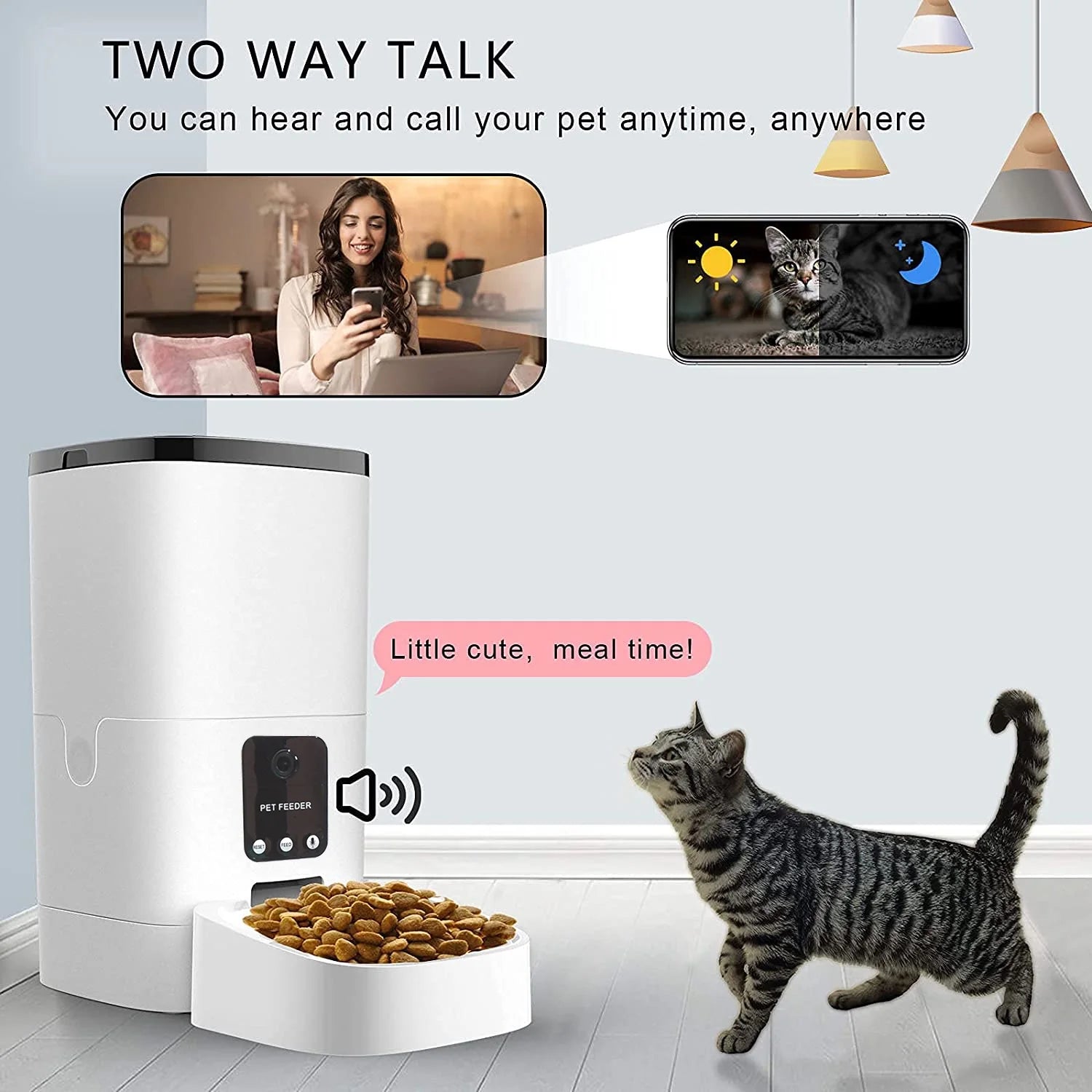 Automatic 6L Pet Feeder with 1080P Camera, App Control, Voice Recording, and Timed Feeding for Cats and Dogs - Dual Power Supply and WiFi Connectivity