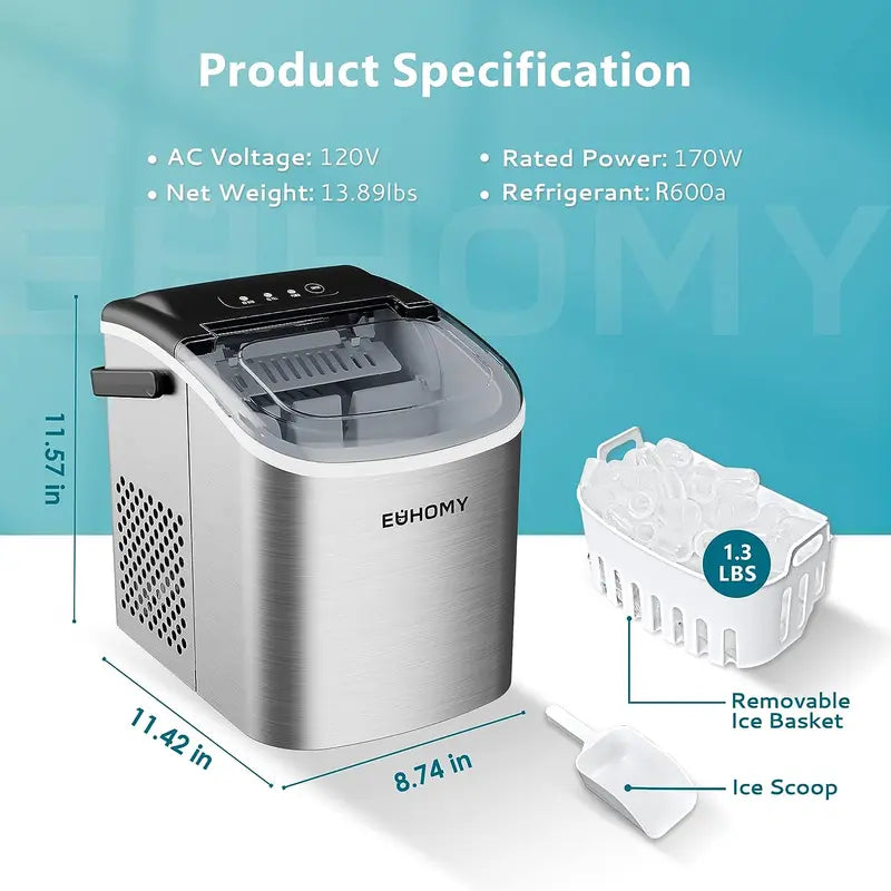 EUHOMY Countertop Ice Maker Machine with Handle, 26Lbs in 24Hrs, 9 Ice Cubes Ready in 6 Mins, Auto-Cleaning Portable Ice Maker with Basket and Scoop, for Home/Kitchen/Camping/Rv. (Silver) Utensils Sturdy