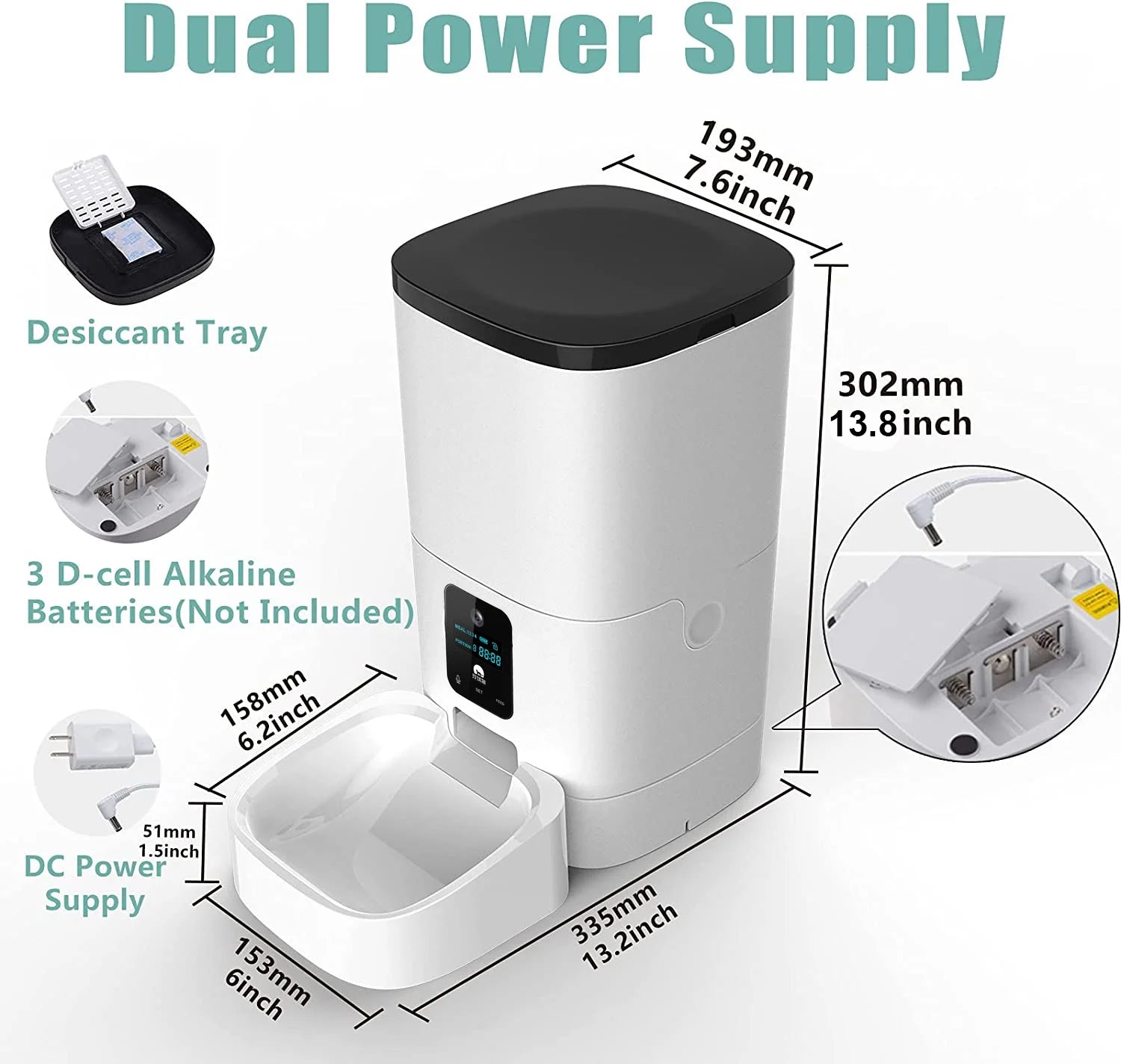 Automatic 6L Pet Feeder with 1080P Camera, App Control, Voice Recording, and Timed Feeding for Cats and Dogs - Dual Power Supply and WiFi Connectivity