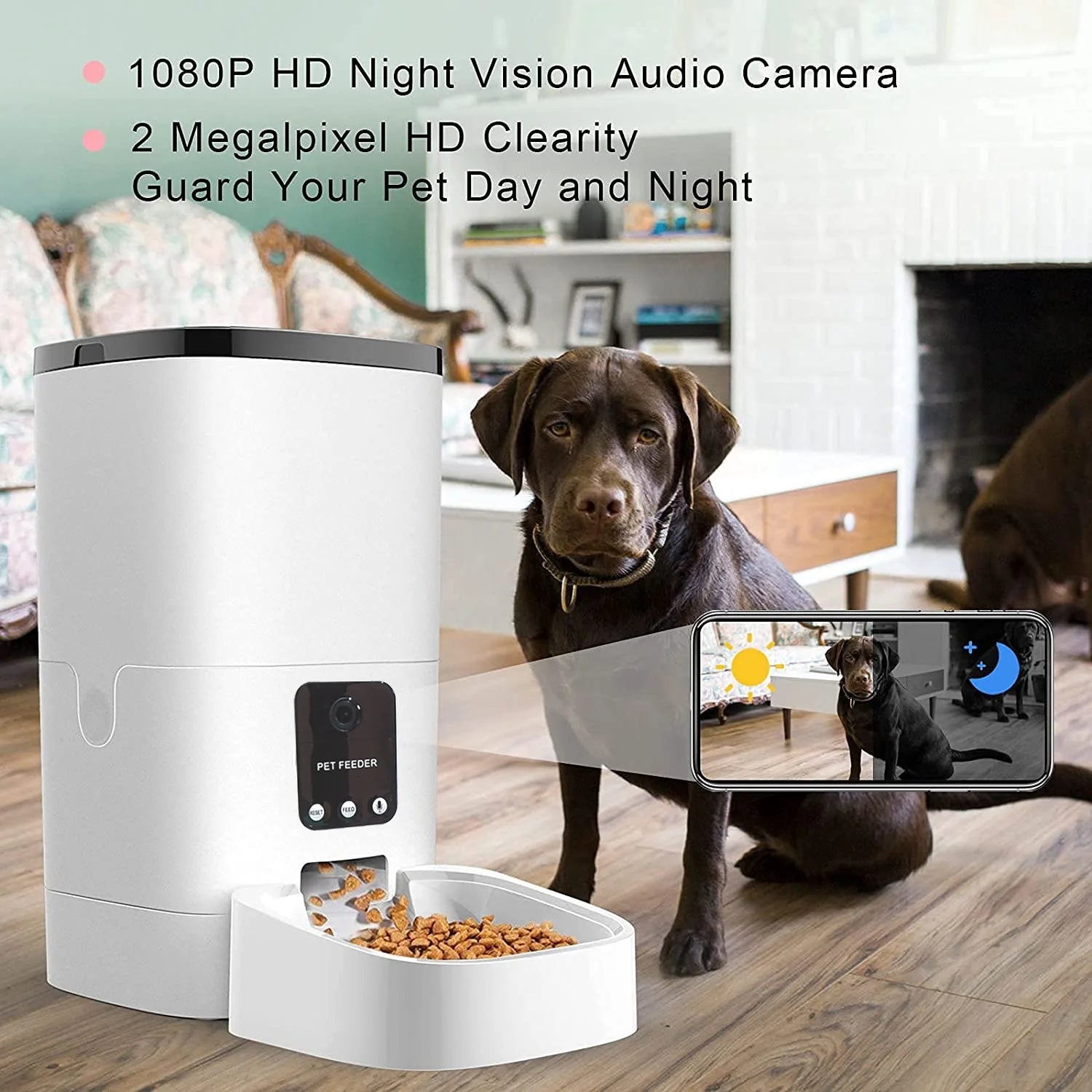 Automatic 6L Pet Feeder with 1080P Camera, App Control, Voice Recording, and Timed Feeding for Cats and Dogs - Dual Power Supply and WiFi Connectivity