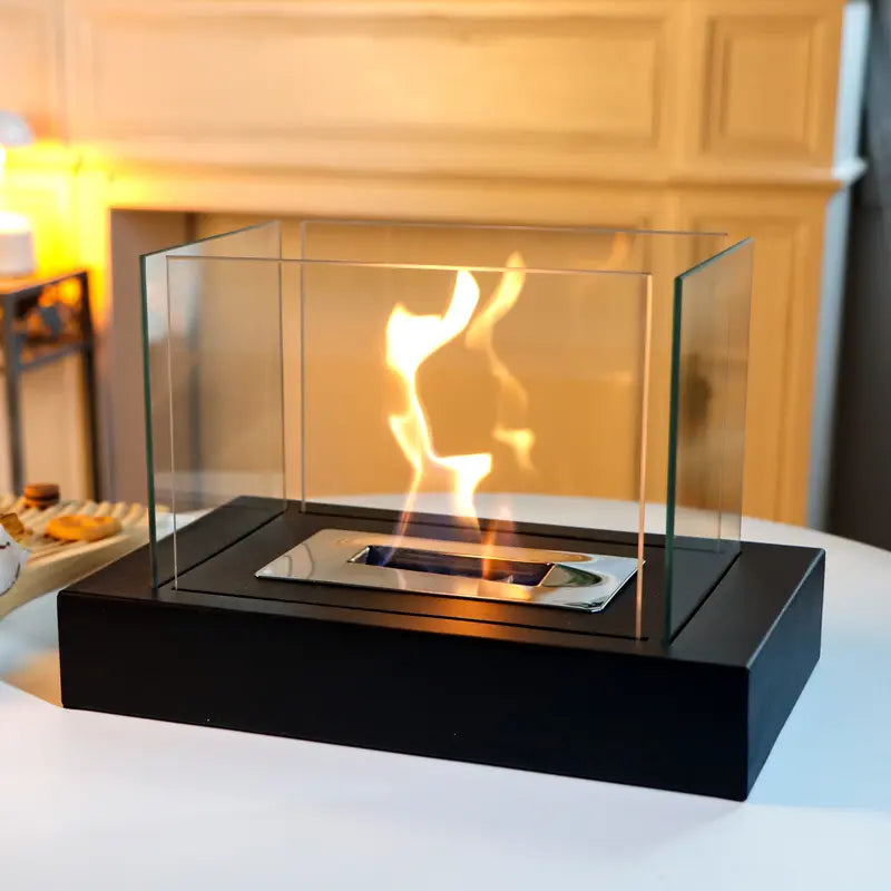 Rectangular Tabletop Fire Bowl Pot with Four-Sided Glass Decor Ornaments