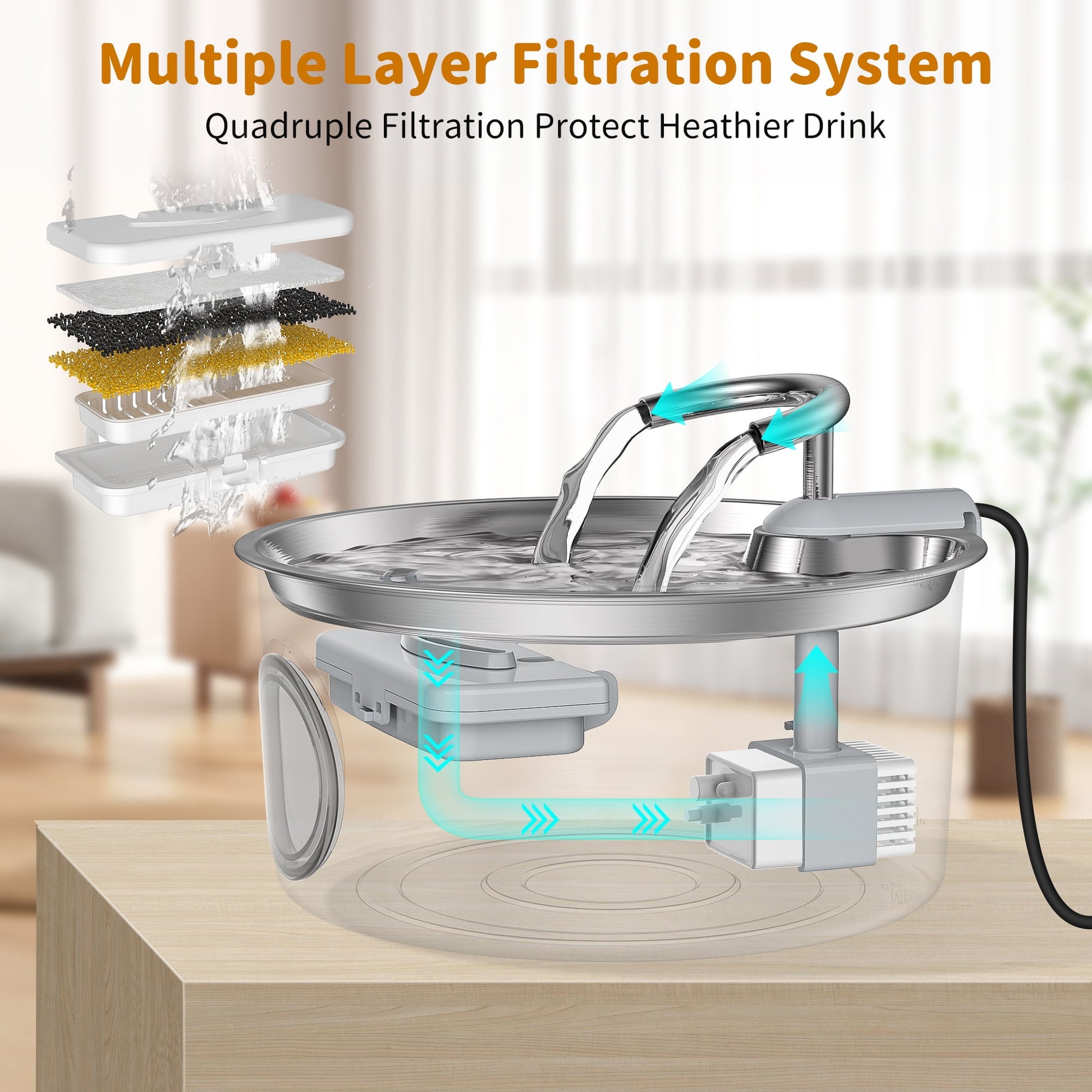 Cat Water Fountain,108Oz/3.2L Stainless Steel Cat Fountain,Pet Water Dispenser with Dual Faucet Design