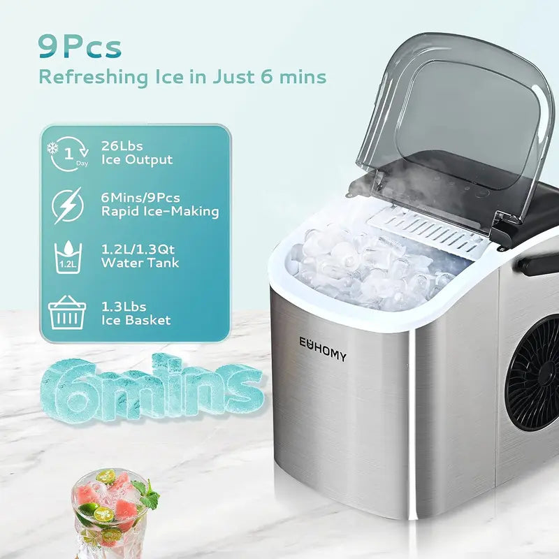 EUHOMY Countertop Ice Maker Machine with Handle, 26Lbs in 24Hrs, 9 Ice Cubes Ready in 6 Mins, Auto-Cleaning Portable Ice Maker with Basket and Scoop, for Home/Kitchen/Camping/Rv. (Silver) Utensils Sturdy