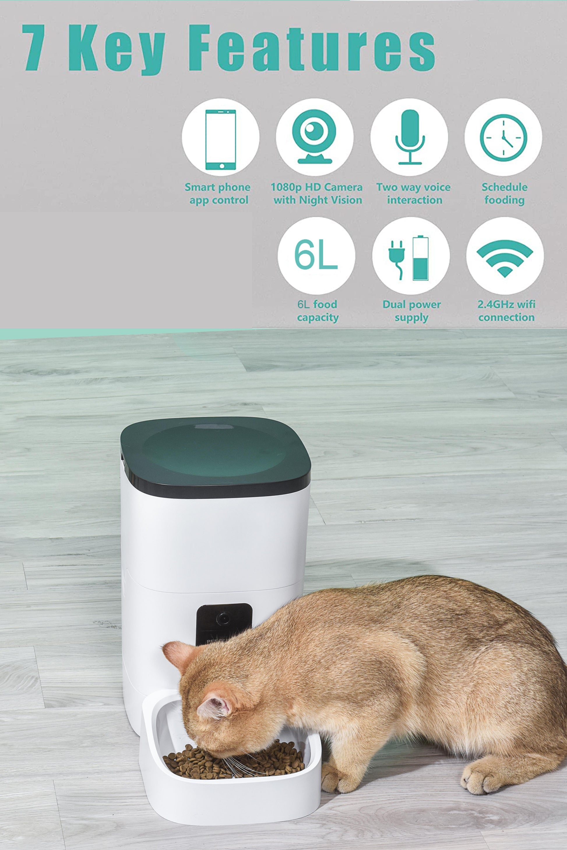 Automatic 6L Pet Feeder with 1080P Camera, App Control, Voice Recording, and Timed Feeding for Cats and Dogs - Dual Power Supply and WiFi Connectivity