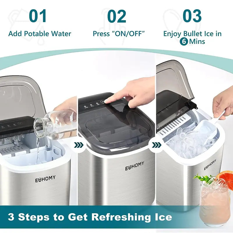 EUHOMY Countertop Ice Maker Machine with Handle, 26Lbs in 24Hrs, 9 Ice Cubes Ready in 6 Mins, Auto-Cleaning Portable Ice Maker with Basket and Scoop, for Home/Kitchen/Camping/Rv. (Silver) Utensils Sturdy