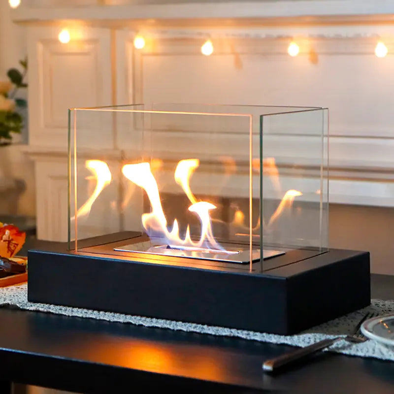 Rectangular Tabletop Fire Bowl Pot with Four-Sided Glass Decor Ornaments