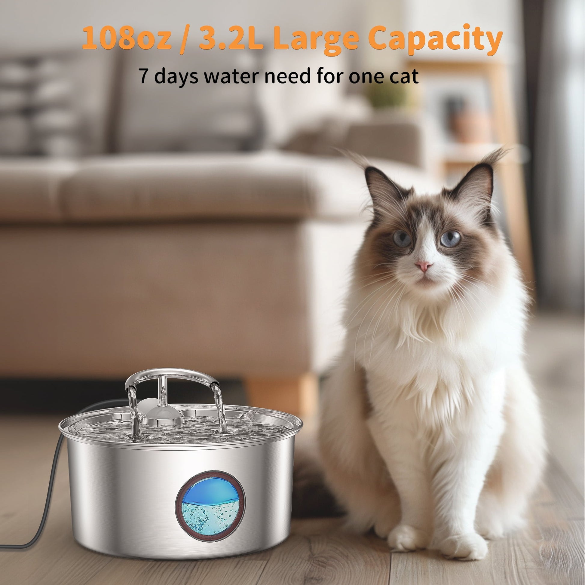 Cat Water Fountain,108Oz/3.2L Stainless Steel Cat Fountain,Pet Water Dispenser with Dual Faucet Design