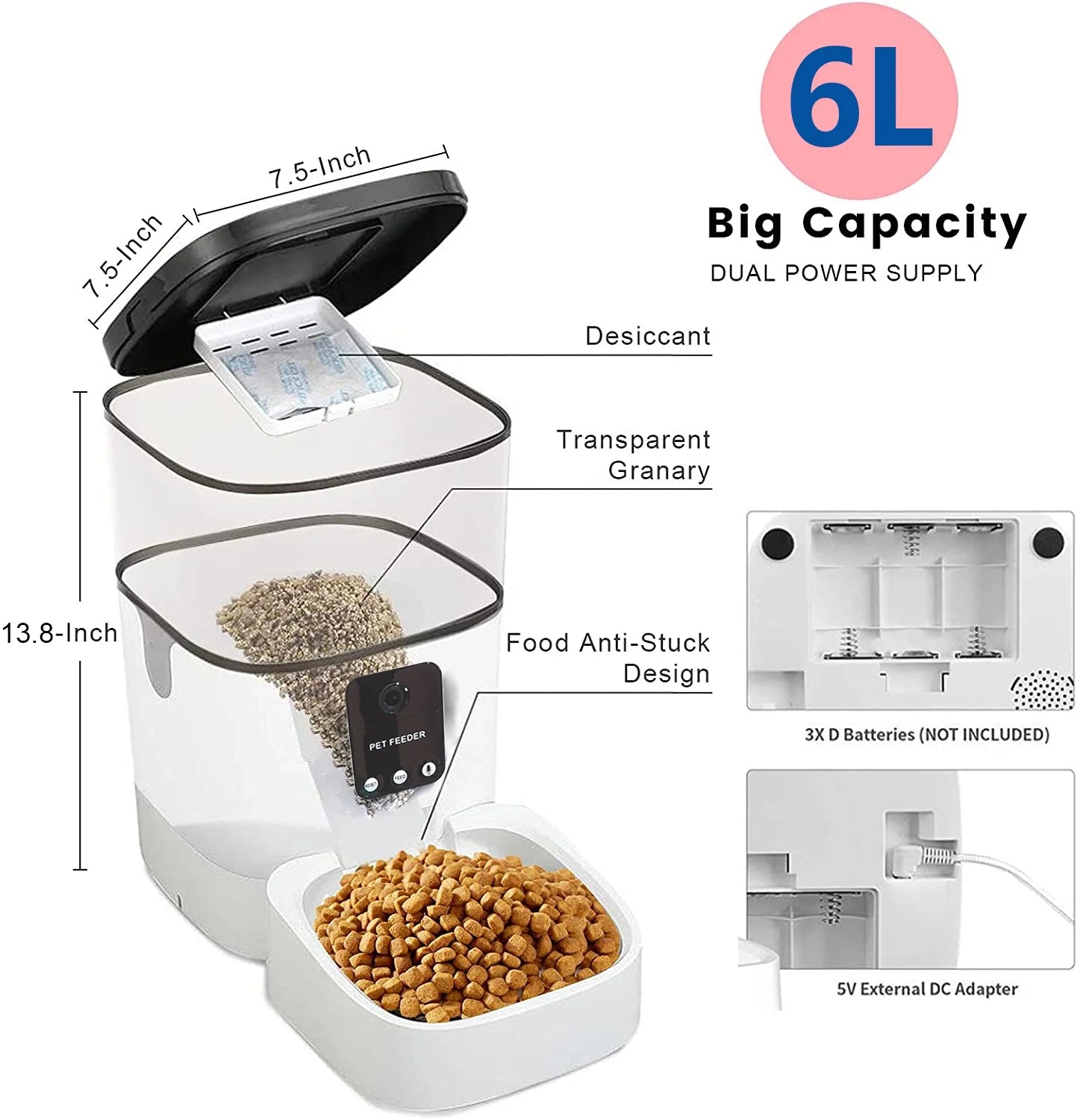 Automatic 6L Pet Feeder with 1080P Camera, App Control, Voice Recording, and Timed Feeding for Cats and Dogs - Dual Power Supply and WiFi Connectivity