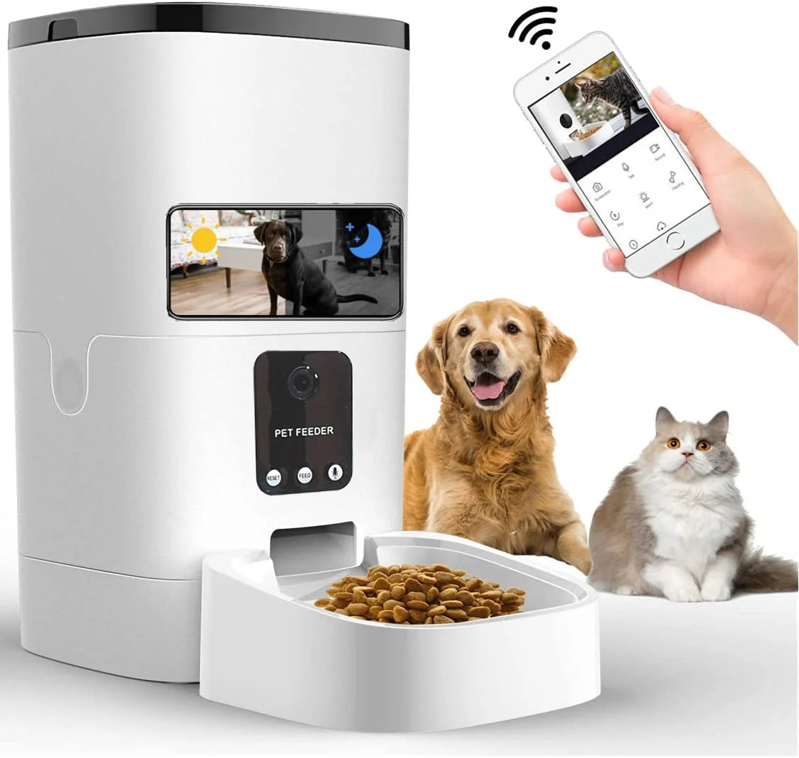 Automatic 6L Pet Feeder with 1080P Camera, App Control, Voice Recording, and Timed Feeding for Cats and Dogs - Dual Power Supply and WiFi Connectivity