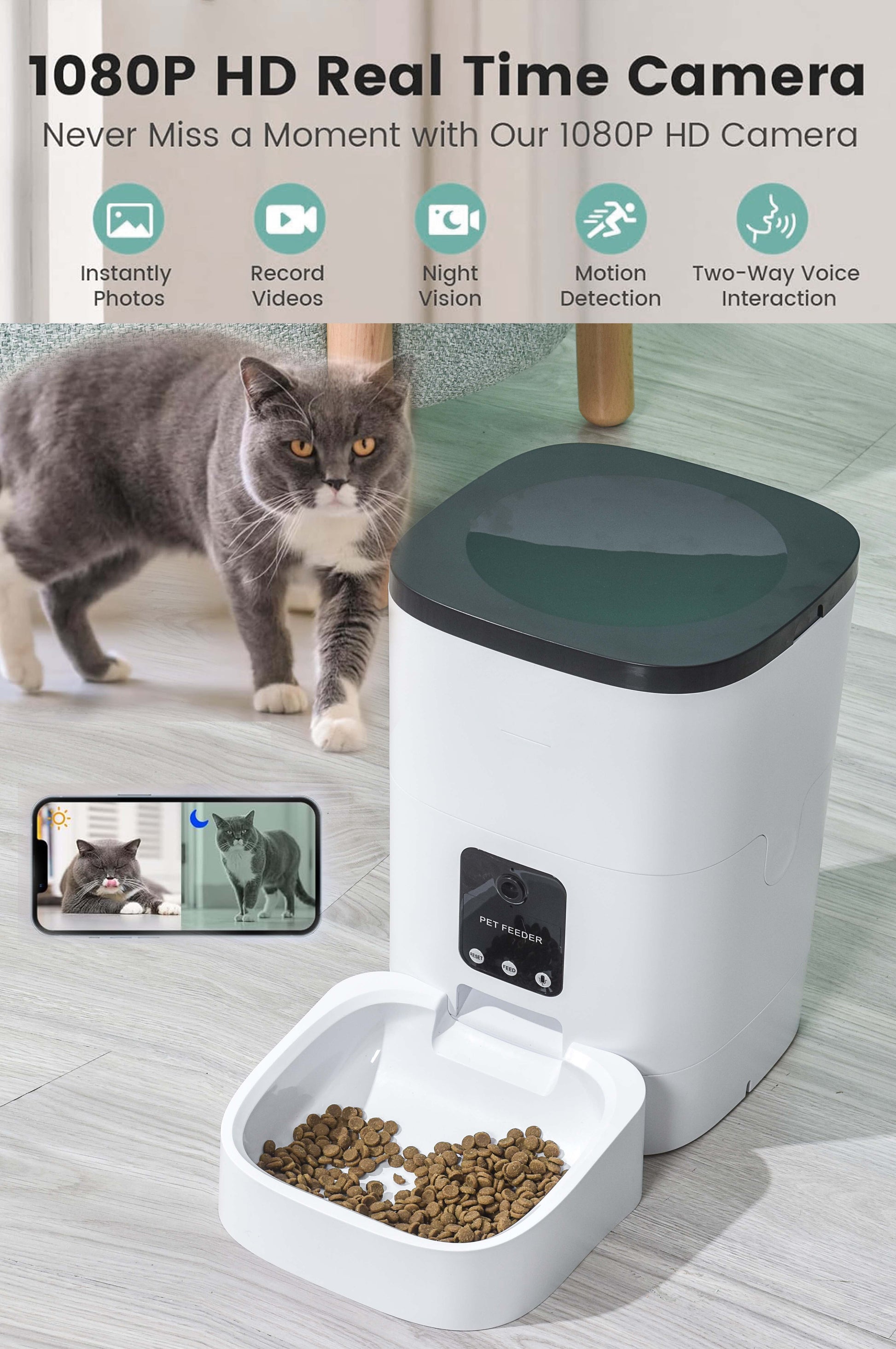 Automatic 6L Pet Feeder with 1080P Camera, App Control, Voice Recording, and Timed Feeding for Cats and Dogs - Dual Power Supply and WiFi Connectivity